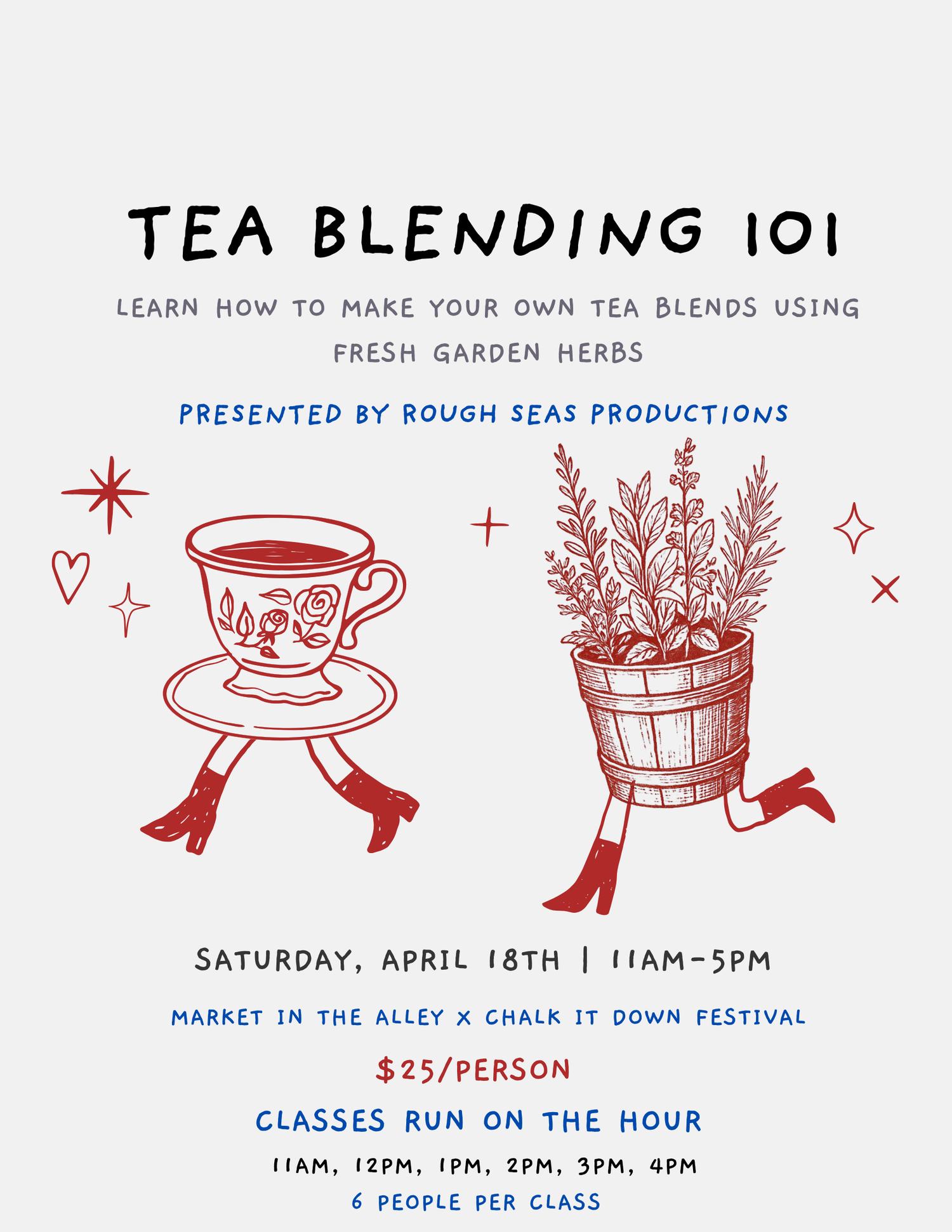 Promotional flyer for 'Tea Blending 101' class with illustrations of a teacup and herbs.